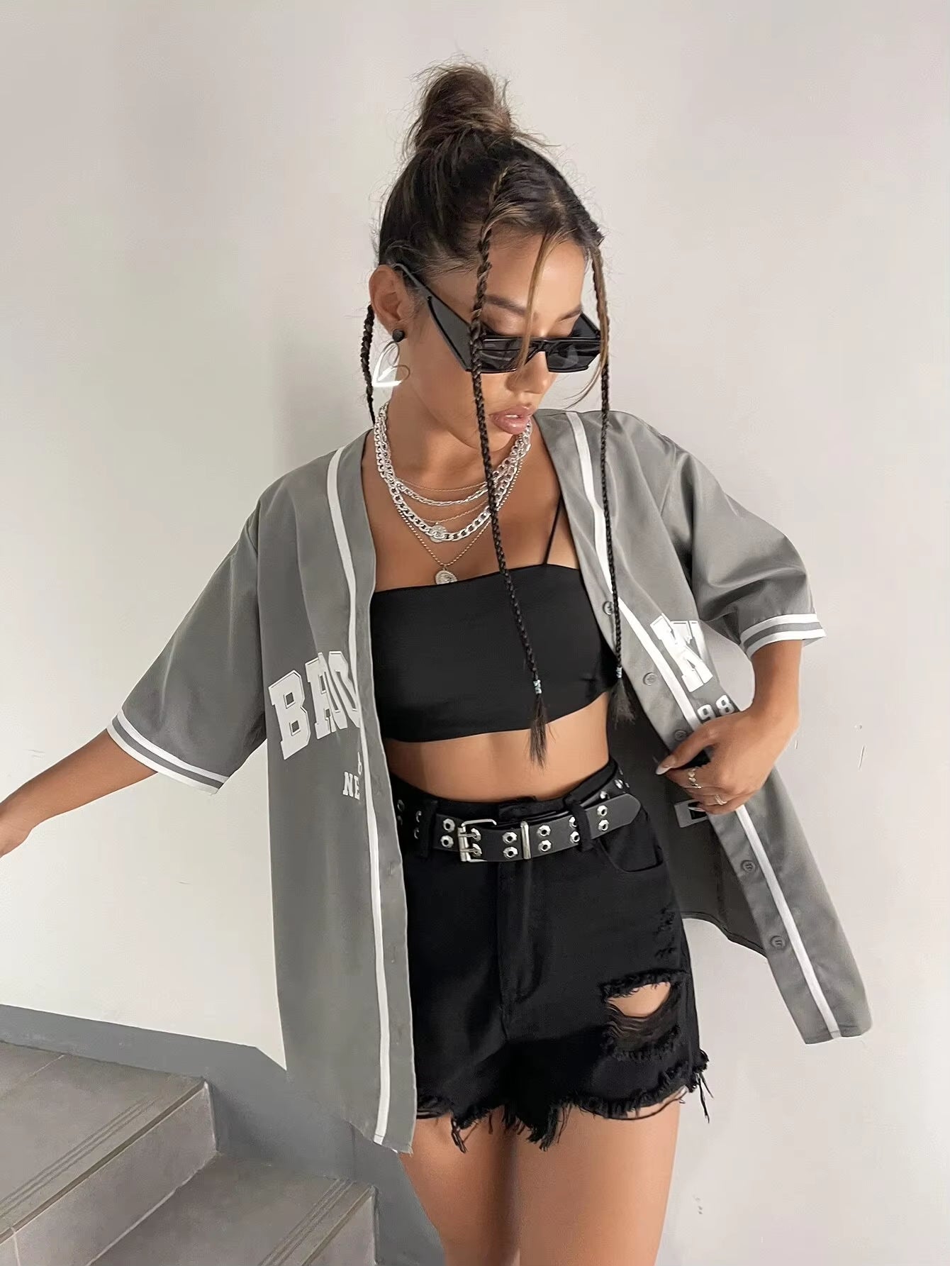 Summer New Broklyn Printed Oversized Black Blouse Women Streetwear Hip Hop Baseball Shirt Hip Hop Short Sleeve Button up Tops