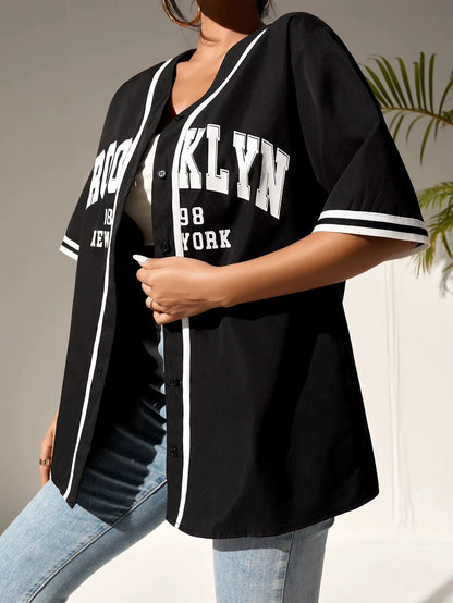 Summer New Broklyn Printed Oversized Black Blouse Women Streetwear Hip Hop Baseball Shirt Hip Hop Short Sleeve Button up Tops