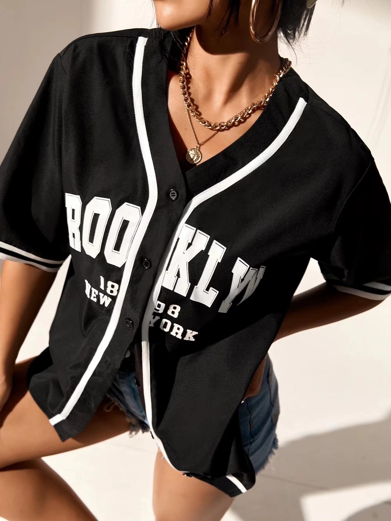 Summer New Broklyn Printed Oversized Black Blouse Women Streetwear Hip Hop Baseball Shirt Hip Hop Short Sleeve Button up Tops