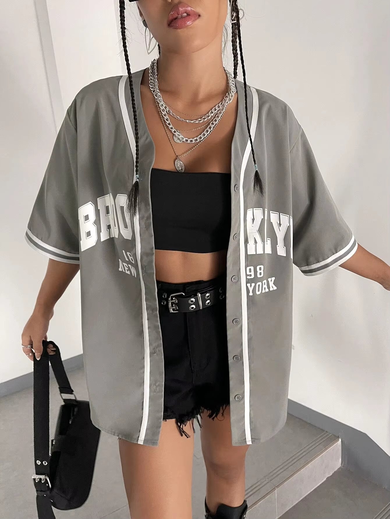 Summer New Broklyn Printed Oversized Black Blouse Women Streetwear Hip Hop Baseball Shirt Hip Hop Short Sleeve Button up Tops